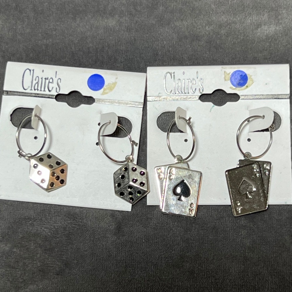 Claire's Silver Tone Dice Ace of Spades Playing Card‎ Hoop Earrings 2 Pair Y2K